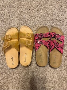 2 pk WNS Just Be Slides Pink Snake-Print Slide Sandals and Gold Glitter Sz 9